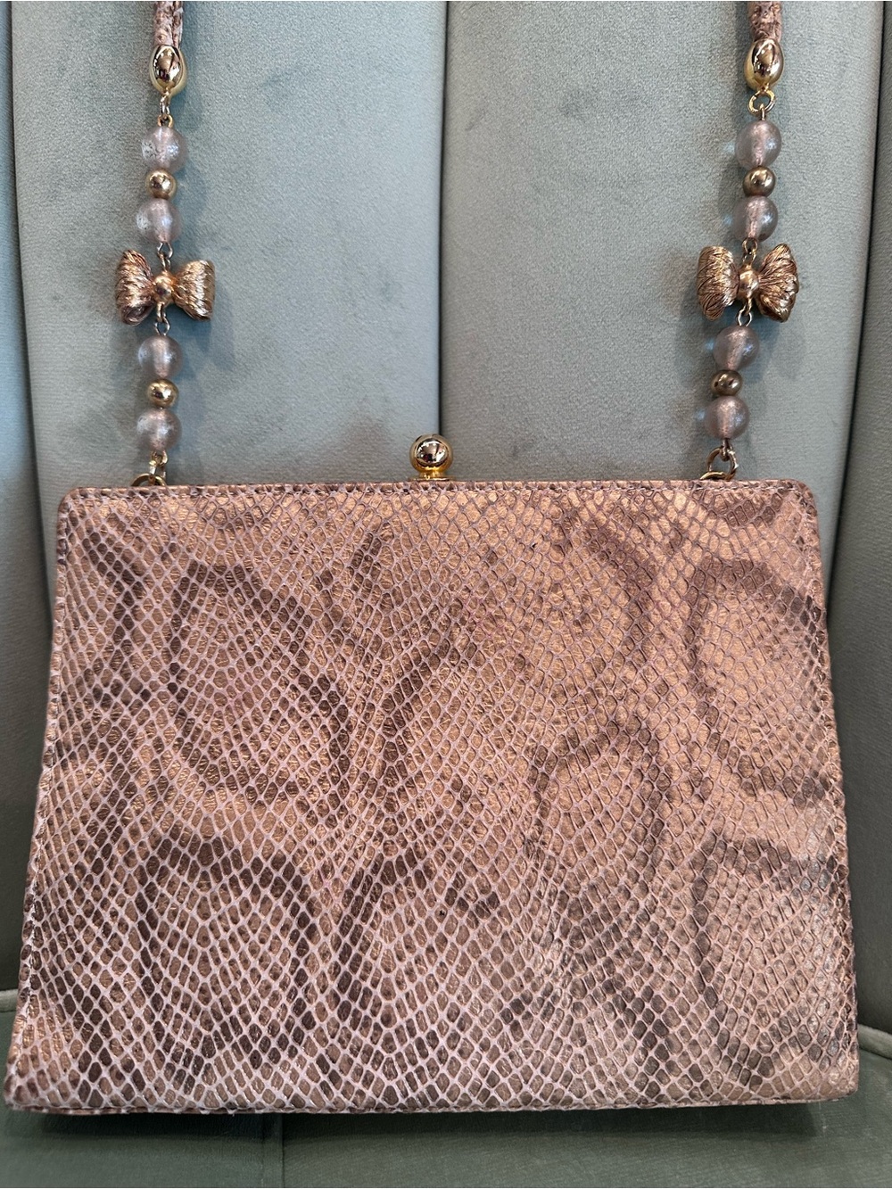 Vintage RODO Italy Snakeskin Evening Clutch Beaded Strap - Picture 2 of 16